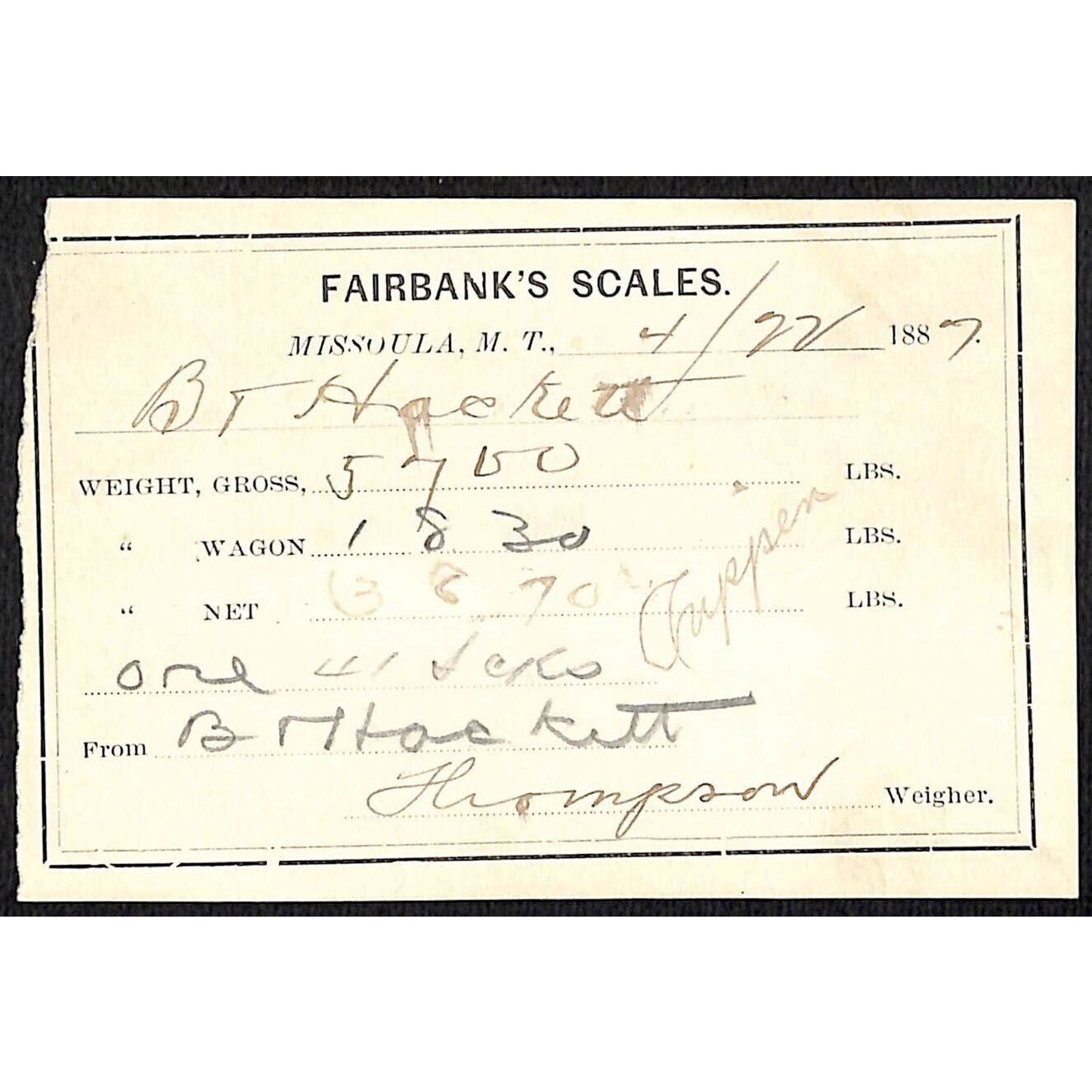 1887 Missoula Montana Territory Fairbank's Scales Mining Ore Weight Receipt (#9)