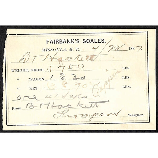 1887 Missoula Montana Territory Fairbank's Scales Mining Ore Weight Receipt (#9)