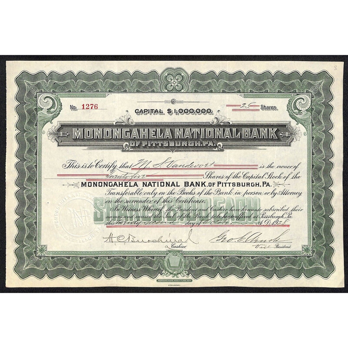 Monongahela National Bank Pittsburgh 1928 Stock Certificate to M.S. Vandevort