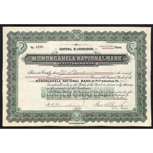 Monongahela National Bank Pittsburgh 1928 Stock Certificate to M.S. Vandevort