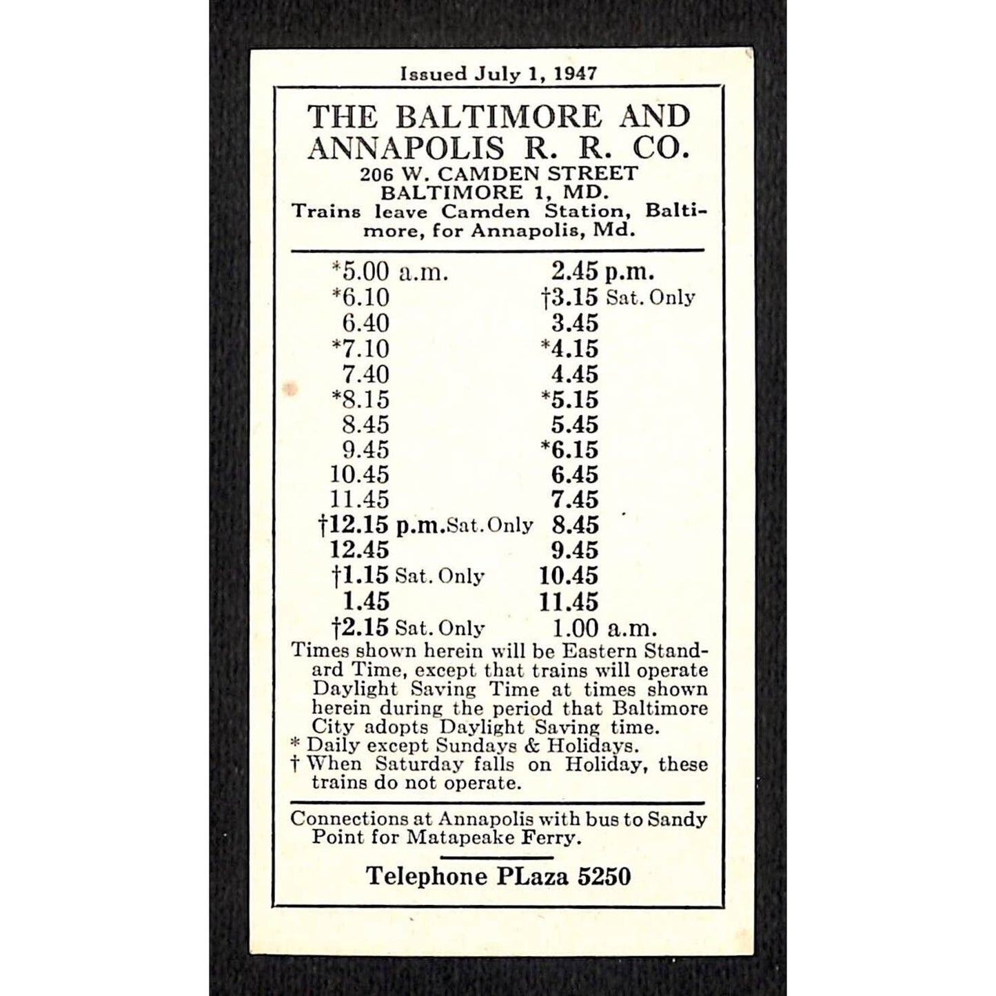 Baltimore and Annapolis RR July 1947 Pocket Schedule / Time Table VGC