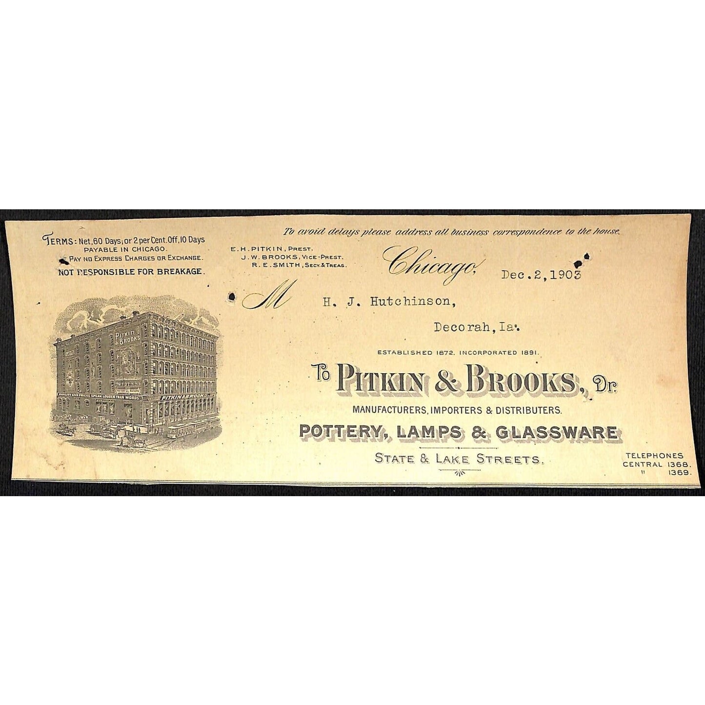 Pitkin & Brooks Pottery Chicago HJ Hutchinson Decorah, IA* Cut 1903 Billhead