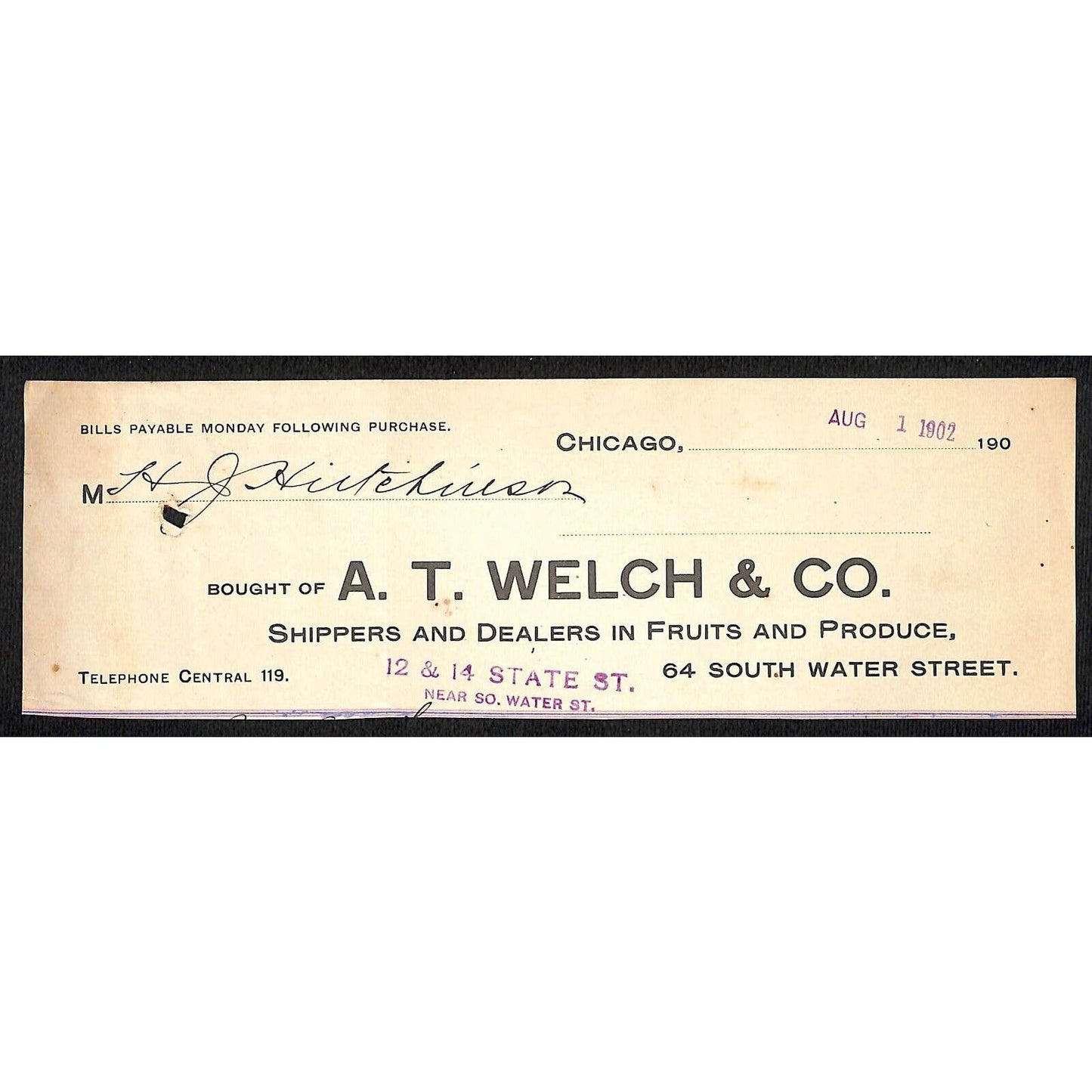 A.T. Welch & Co Produce Fruits Chic. Hutchinson Decorah, IA* Cut 1902 Billhead