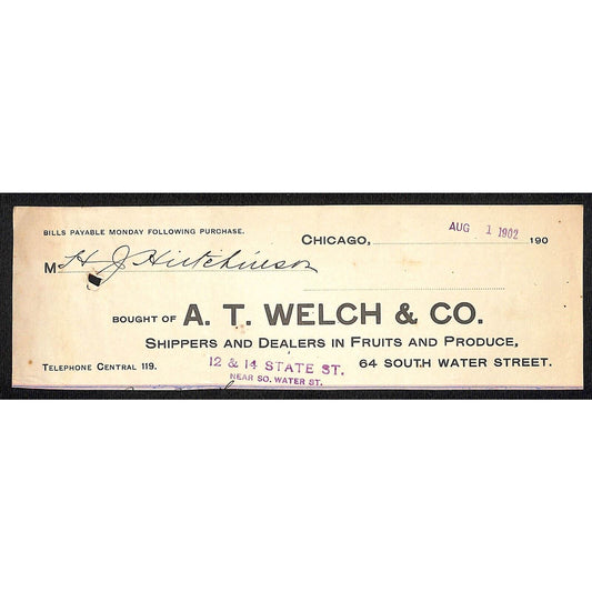 A.T. Welch & Co Produce Fruits Chic. Hutchinson Decorah, IA* Cut 1902 Billhead