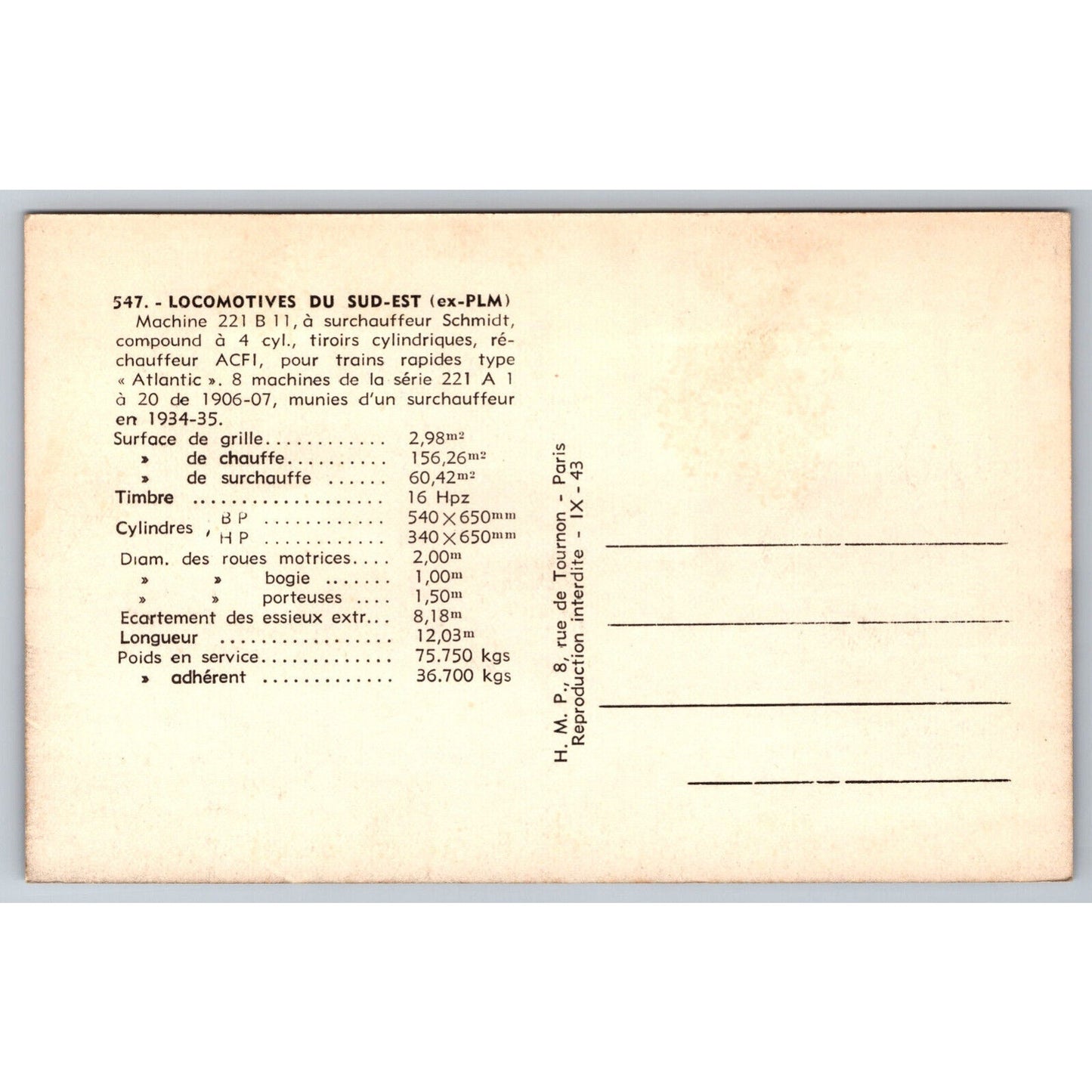 French Railroad RPPC* Postcard Machine 221 B 11 Series 221 A 1 - 20 c1940 H.M.P.