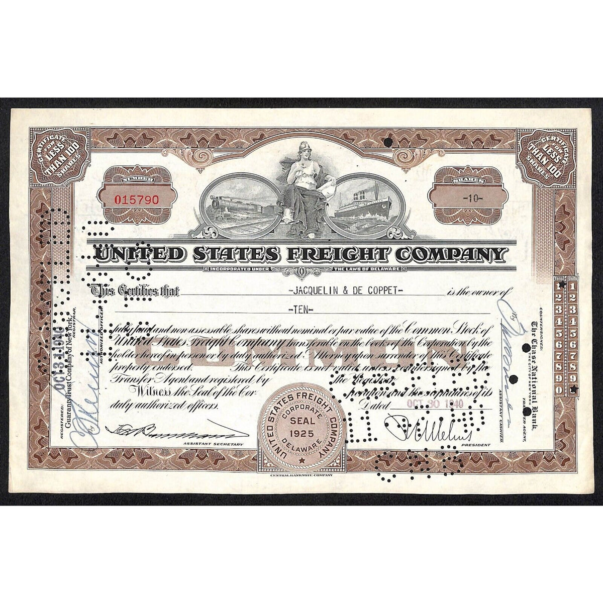 United States Freight Company 1940 Stock Certificate Jacquelin & De Coppet