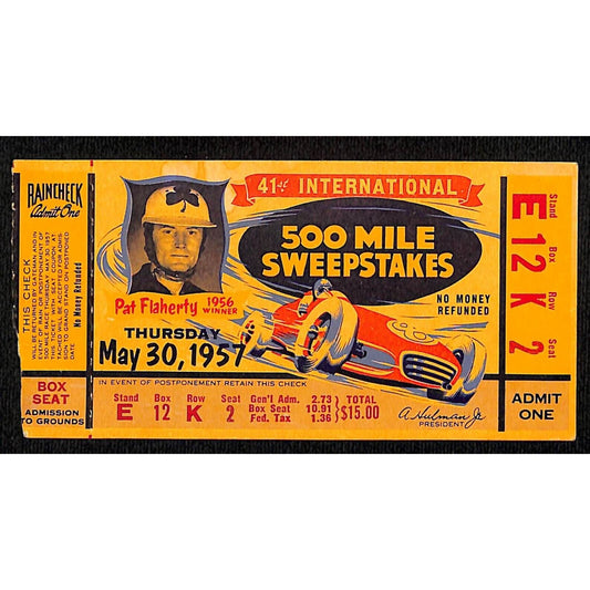 1957 Indy 500 Ticket / IMS 500 Mile Sweepstakes Ticket Stub - Seat 2 VGC