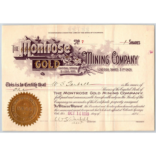 Montrose Gold Mining Co. 1899 Stock Certificate Cripple Creek District #7