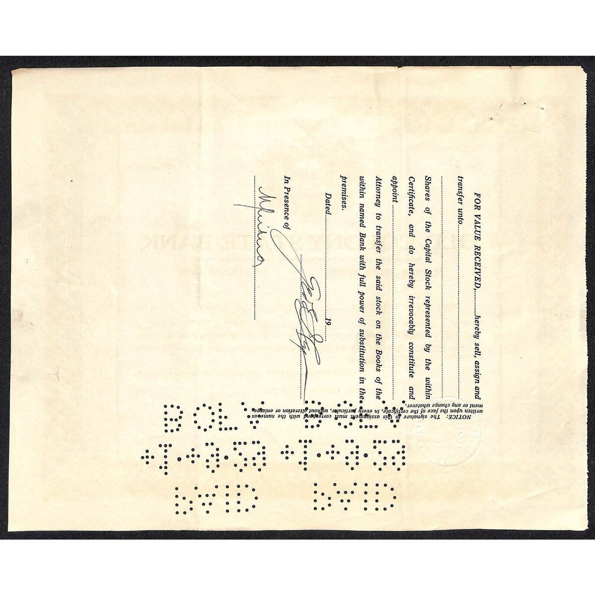 Old Colony State Bank NY 1925 Stock Certificate George E. Hoyer - Scarce