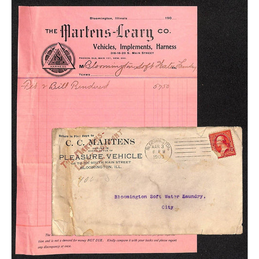 Martens-Leary Co. / C.C. Martins Bloomington, IL 1903 Adv. Letterhead & Cover*