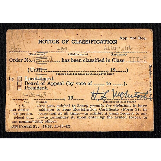 1943 WWII Draft "Notice of Classification" Return Card Fayetteville, NC