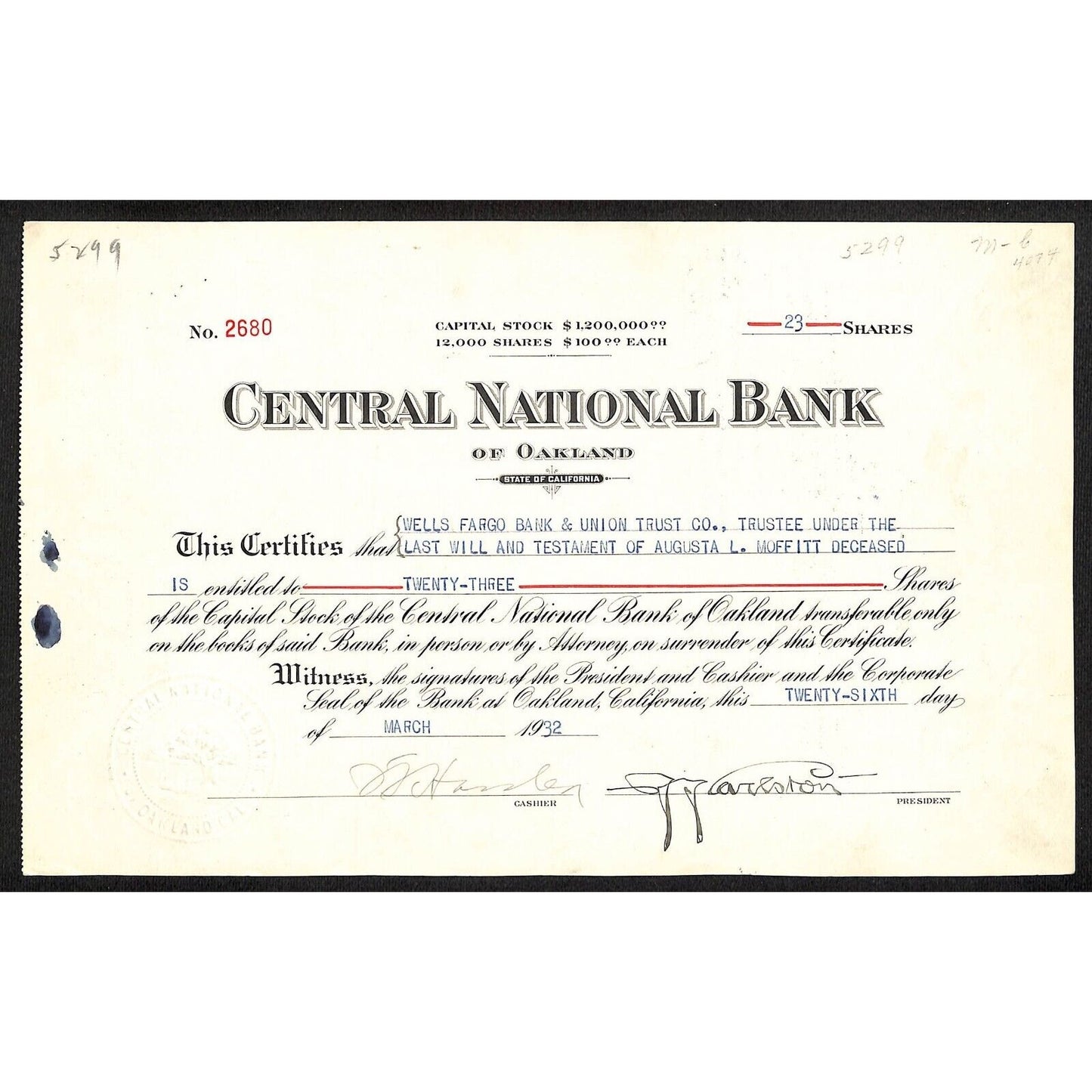 Central National Bank of Oakland 1932 Stock Certificate #2680 Very Scarce