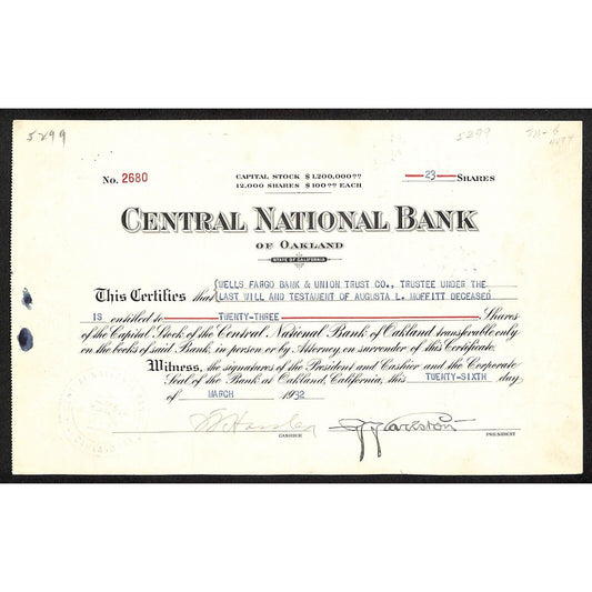 Central National Bank of Oakland 1932 Stock Certificate #2680 Very Scarce