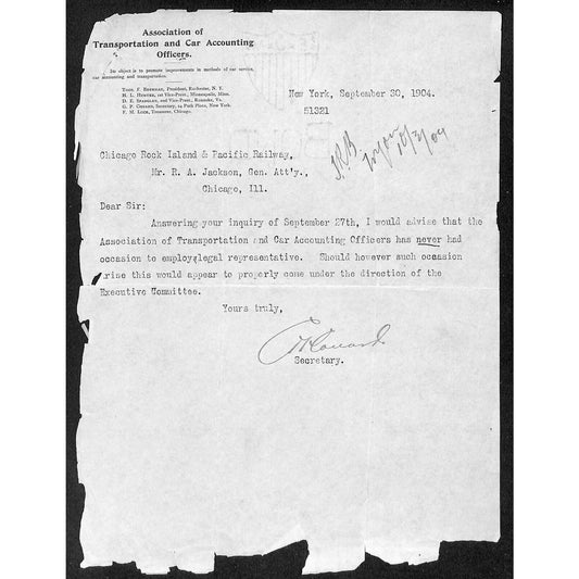 Ass'n of Transportation and Car Accounting Officers 1904 Letterhead to CRI&P Ry