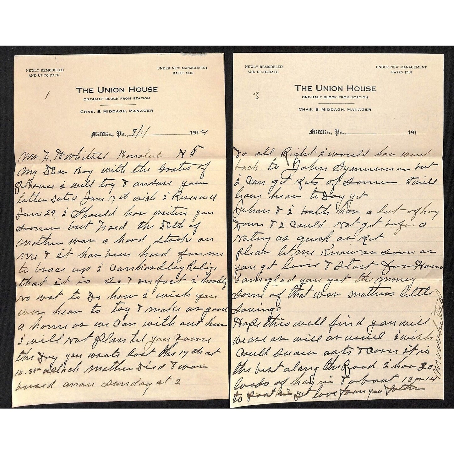 1914 The Union House Hotel Mifflin, PA 2pp ALS + Cover