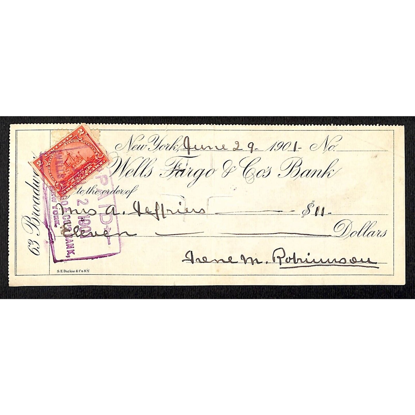 1901 Wells Fargo & Co Bank 63 Broadway NYC Check w/ Rev Stamp - A. Jefferies