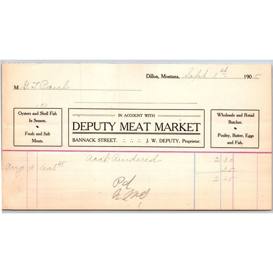 Dillon, MT Deputy Meat Market Sept. 1905 Oysters Shell Fish Billhead G.T. Paul*