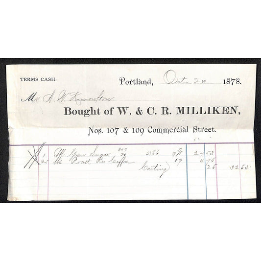 1878 A.W. Knowlton* Newburgh, ME W. & C.R. Milliken Portland Grocer Billhead