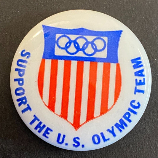 "Support The U.S. Olympic Team" Flag Patriotic Steel Pinback 1 1/8" c1960's VGC
