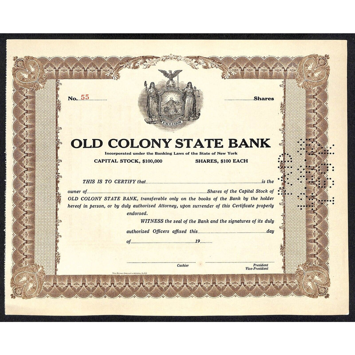 Old Colony State Bank NY c1925 (1928 Cancel) Stock Certificate Unissued #55 VGC