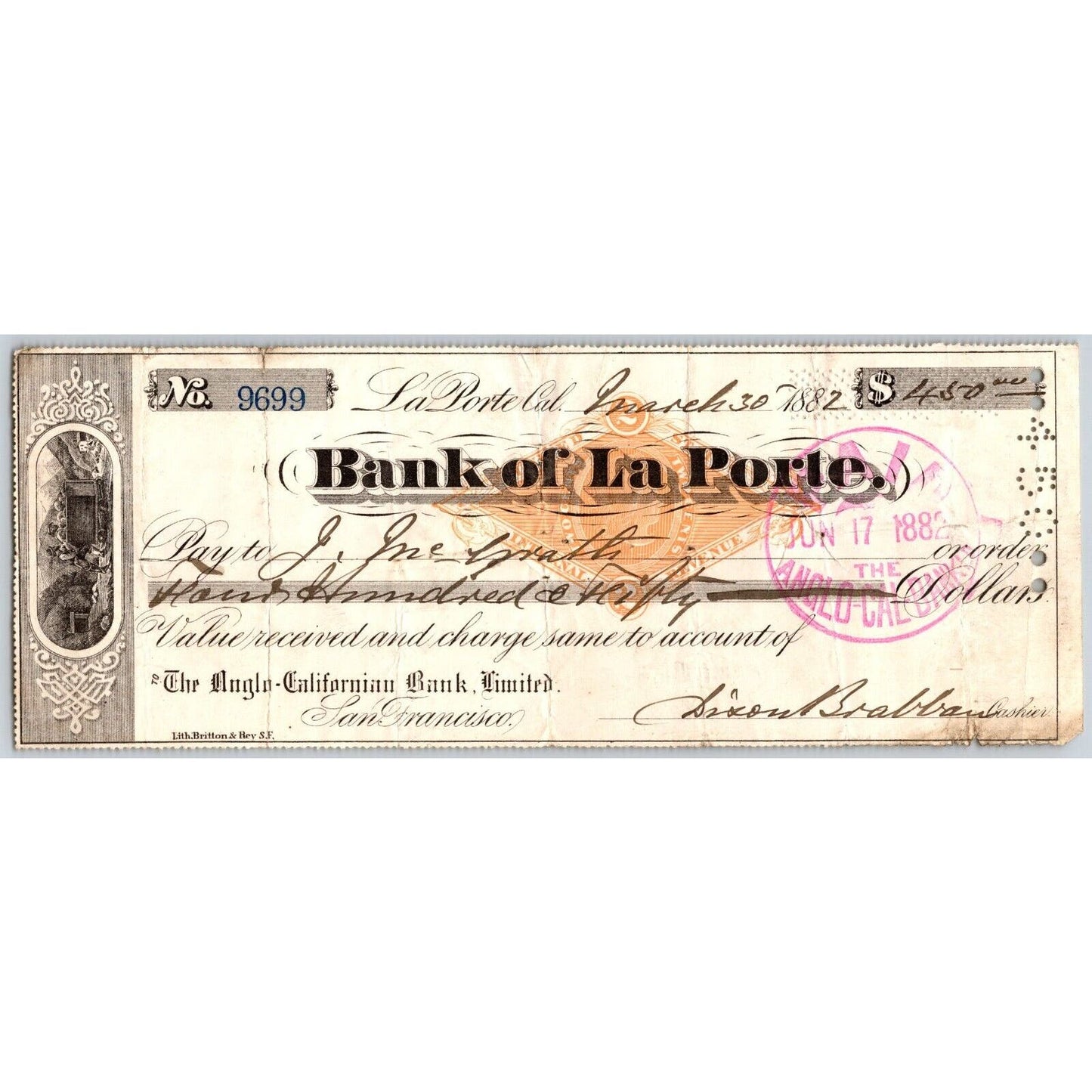 Bank of La Porte Check J. McGrath 1882 Mining Vignette RN-G1 Rev Stamp #9699