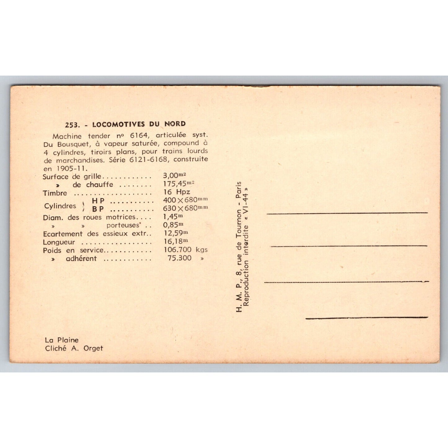 French Railroad RPPC* Postcard Machine 6164 Series 6121-6168 c1905-1911 H.M.P.