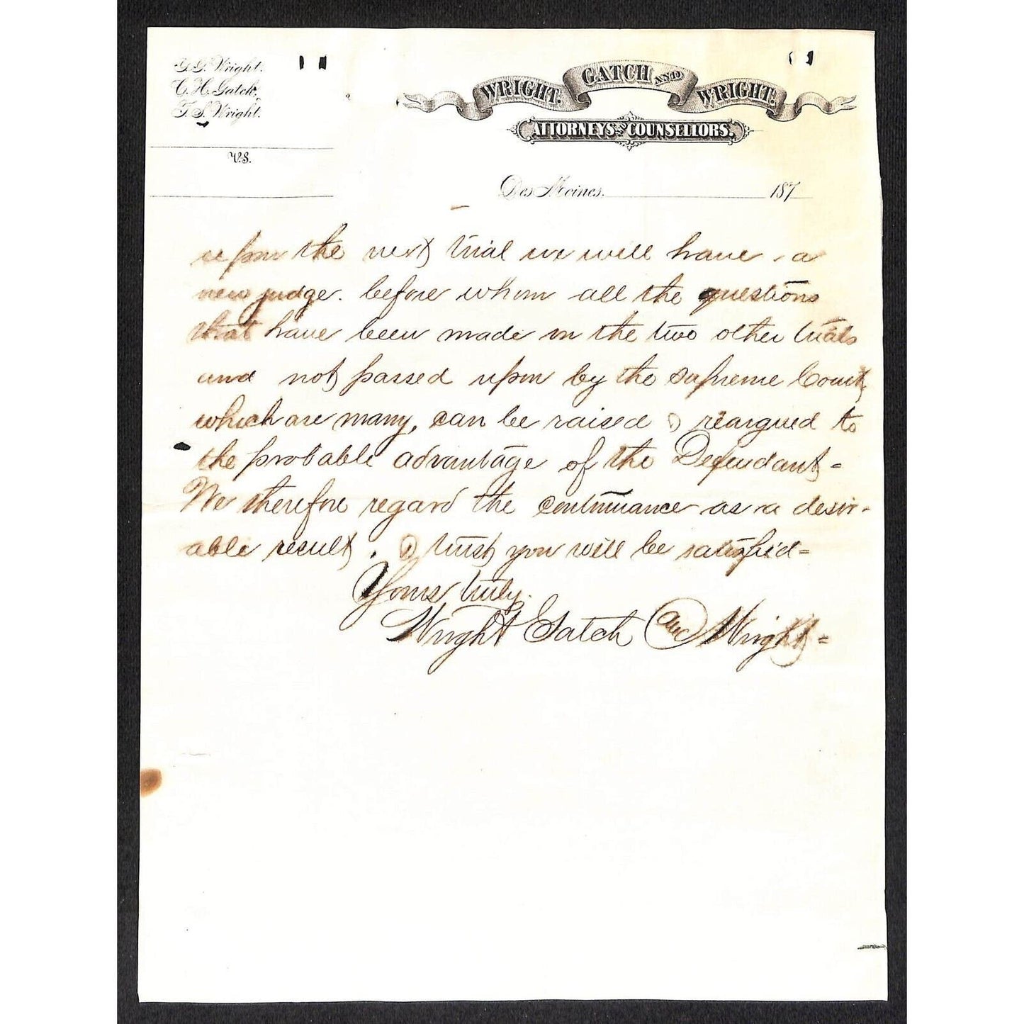 Wright, Gatch and Wright Des Moines Attorneys 1876 2pp CRI&P Letterhead Lawsuit