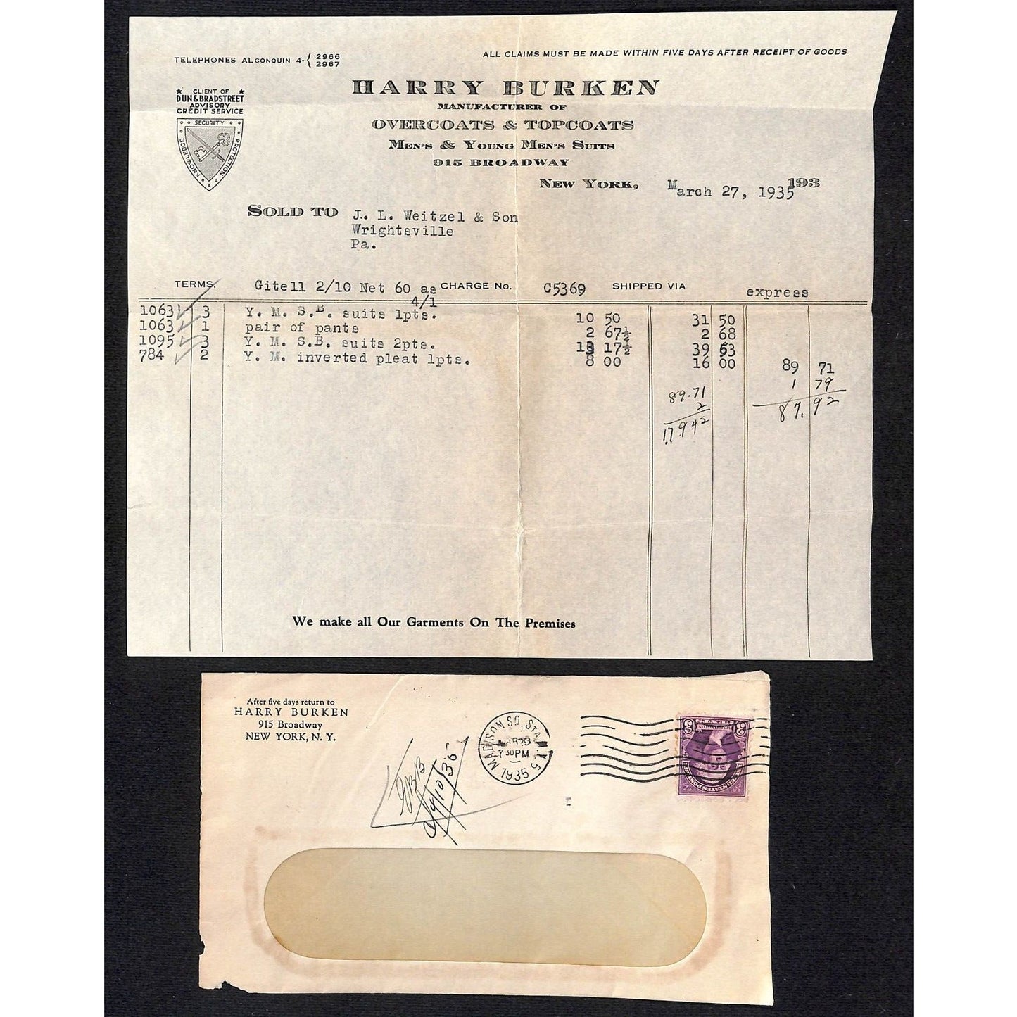 Harry Burken Overcoats Topcoats 915 Broadway NYC / Weitzel 1935 Billhead + Cover