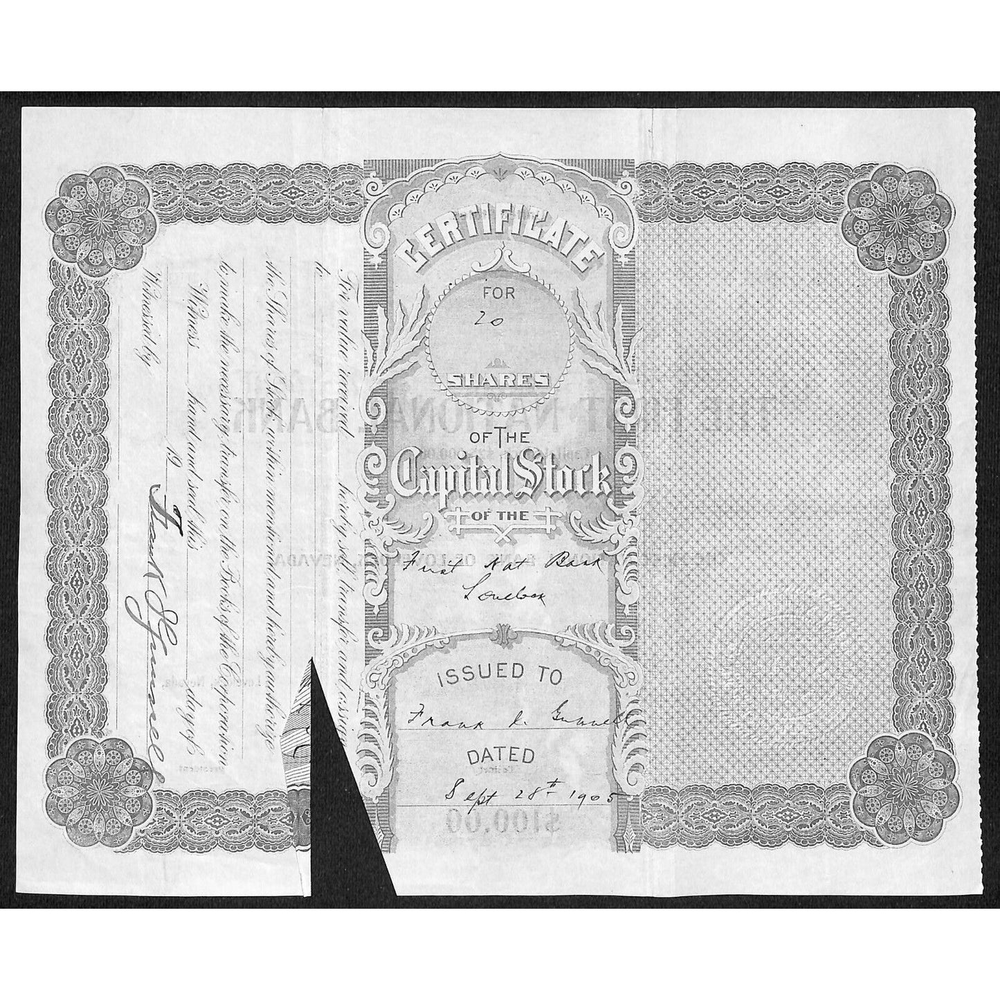 First National Bank of Lovelock, NV 1905 Stock Certificate to: F.I. Gunnell *