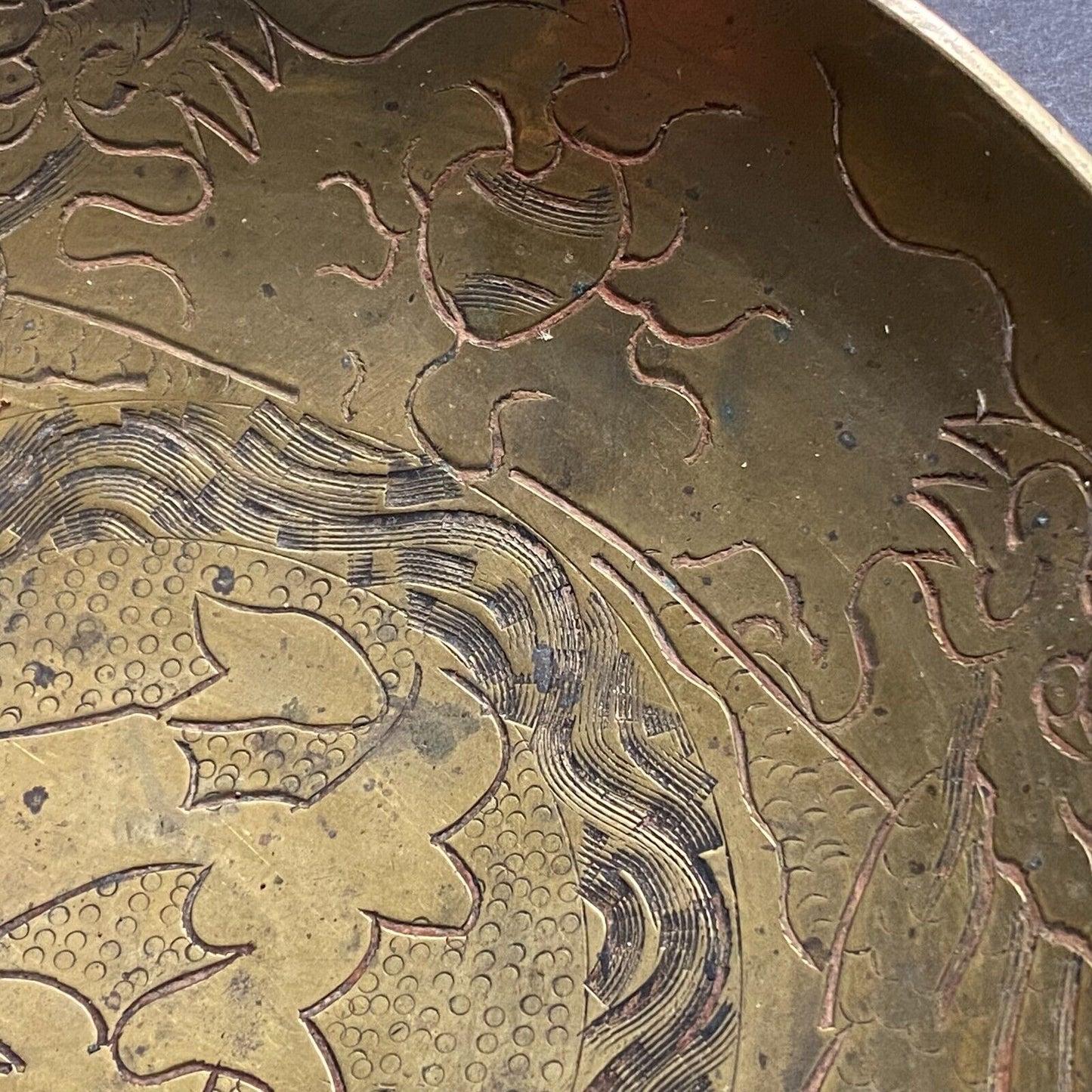 Vintage Lacquered Brass? Engraved Dragon Bowl / Dish 6" dia. 9oz. Marked China