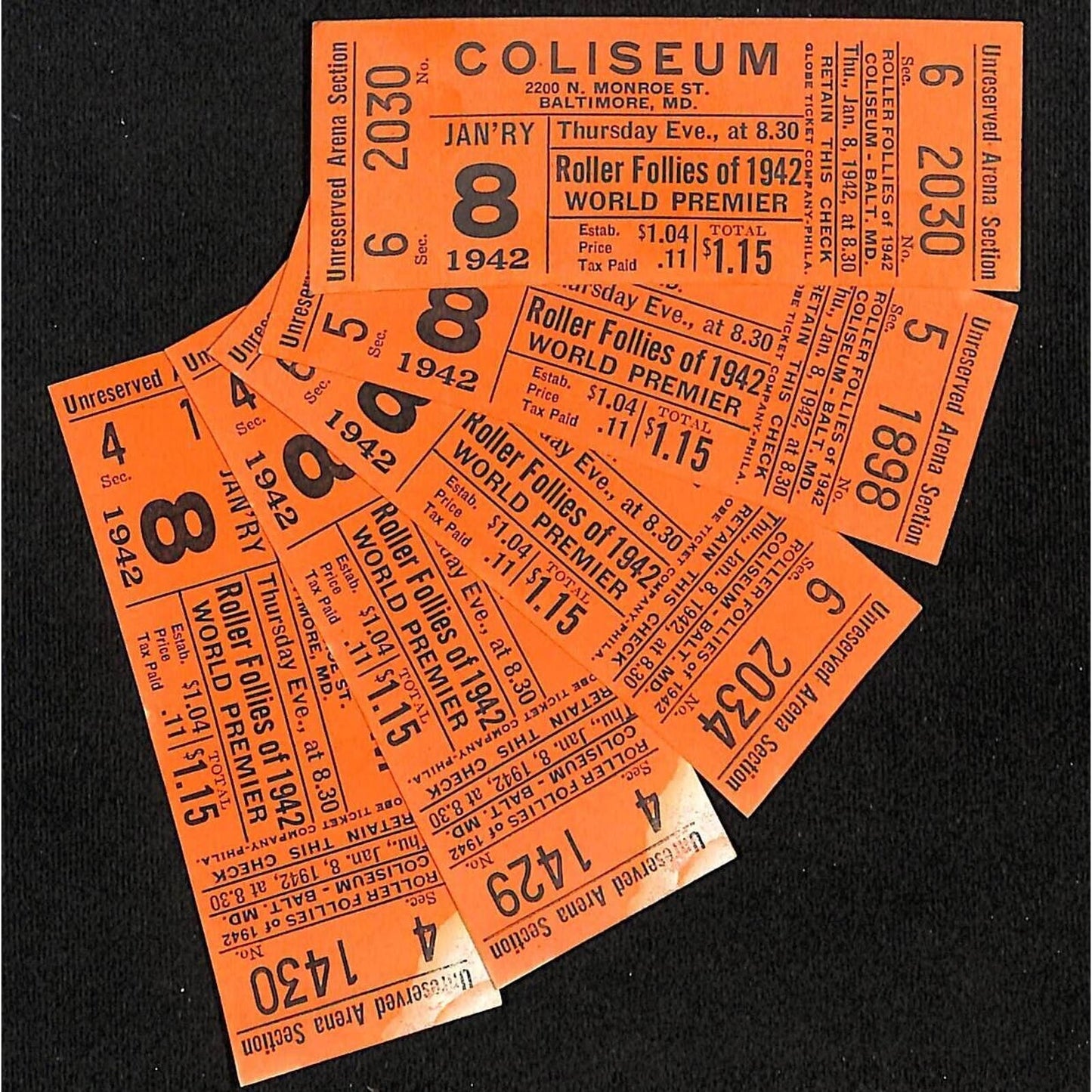 Group of 5 Baltimore Coliseum "Roller Follies of 1942 World Premier" Tickets
