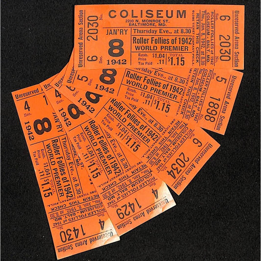 Group of 5 Baltimore Coliseum "Roller Follies of 1942 World Premier" Tickets