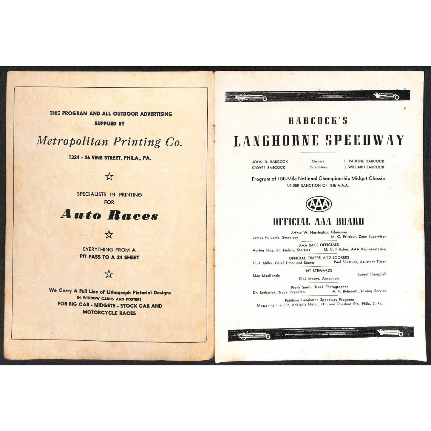 Langhorne Speedway 1948 ? AAA 100-Mile Championship Midget Races Program 12pp*