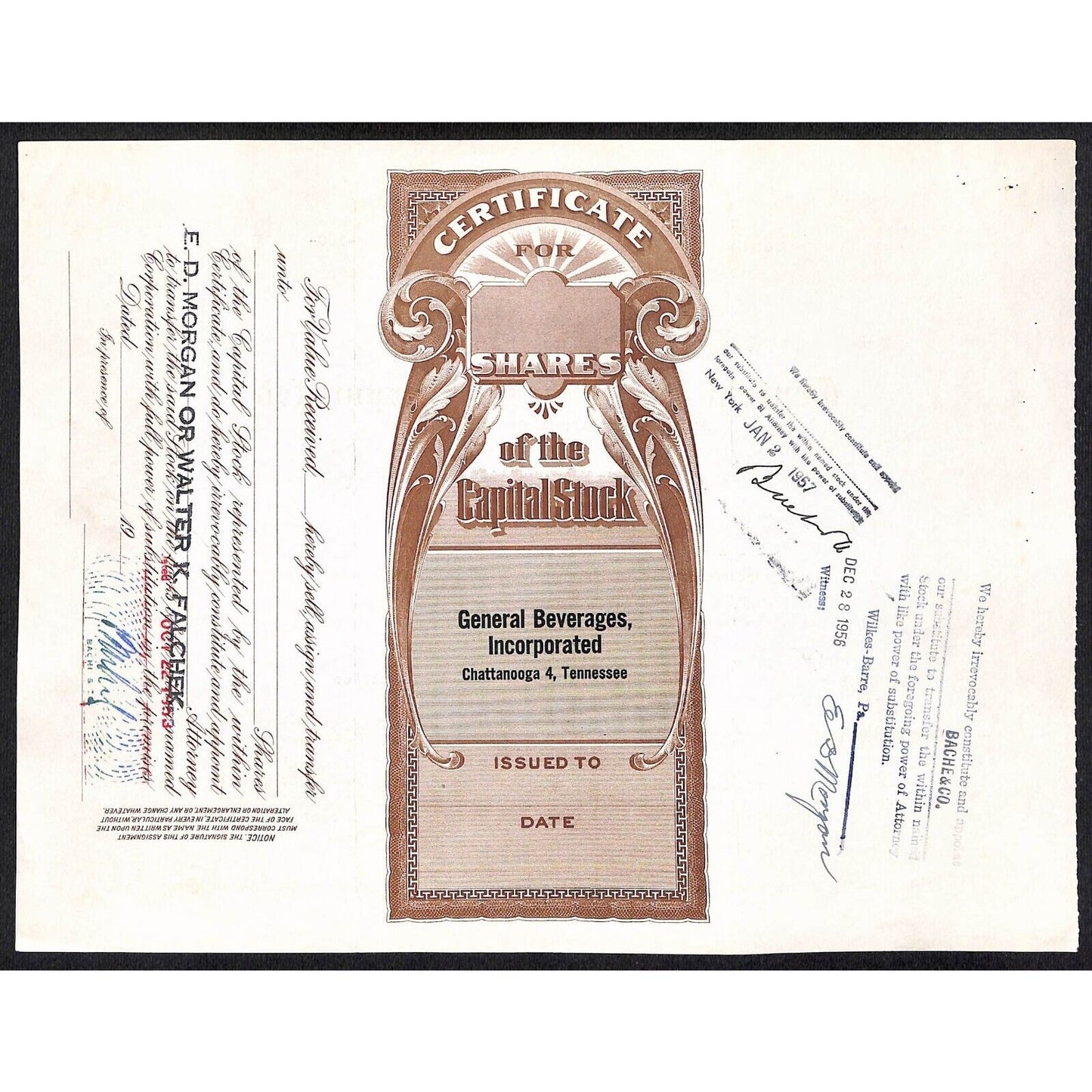General Beverages, Inc. Tennessee 1953 Stock Certificate to Bache & Company