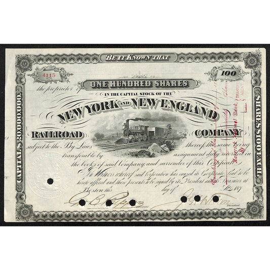 New York and New England Railroad Co c1870-1879 Stock Certificate Vignette