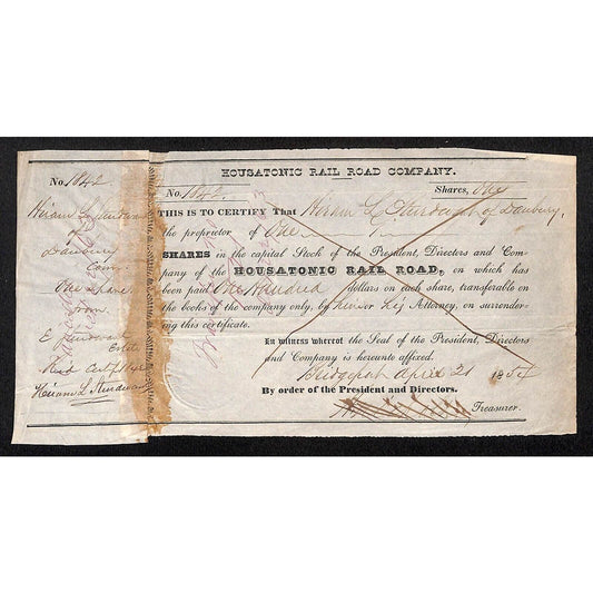 Housatonic Rail Road (CT) 1854 Stock Certificate Hiram ??? of Danbury #1842
