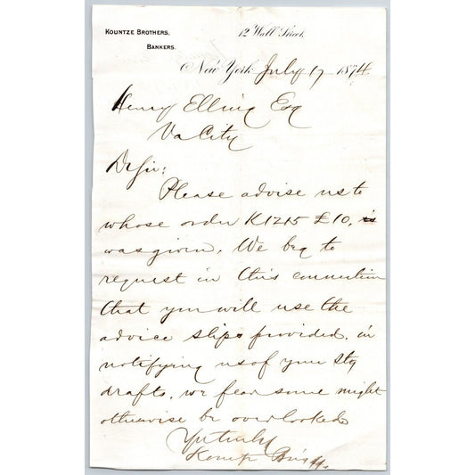 Kountze Brothers Bankers 12 Wall St NYC 1874 ALS to Henry Elling*