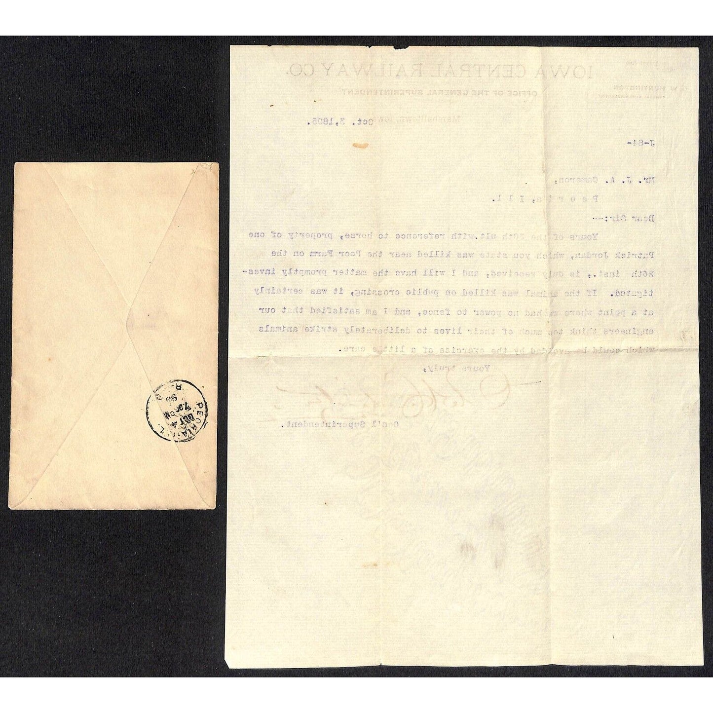 Iowa Central Railway Co. 1895 Letterhead re: "Horse was Killed" & Cover