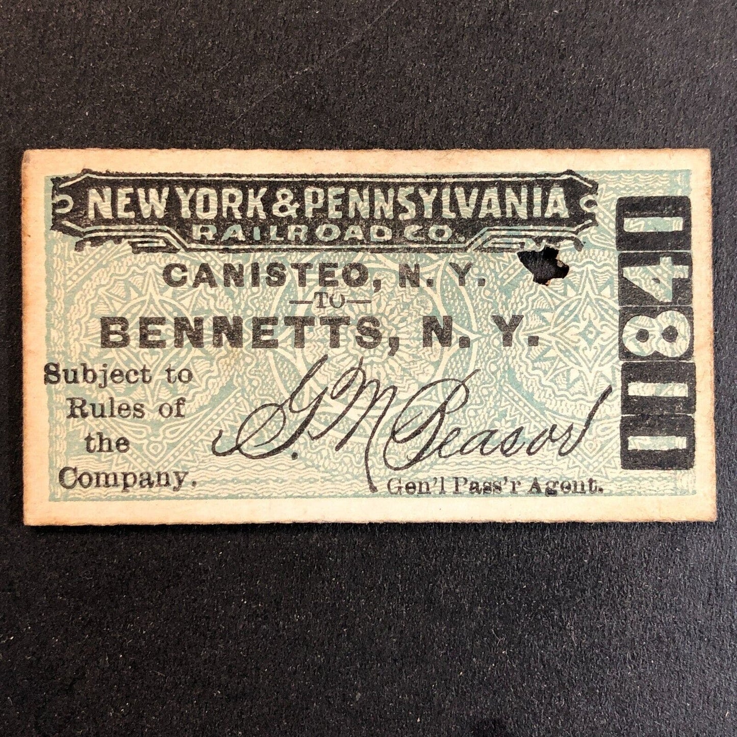 New York & Pennsylvania Railroad July 27 1917 Bennetts, NY Ticket #11841
