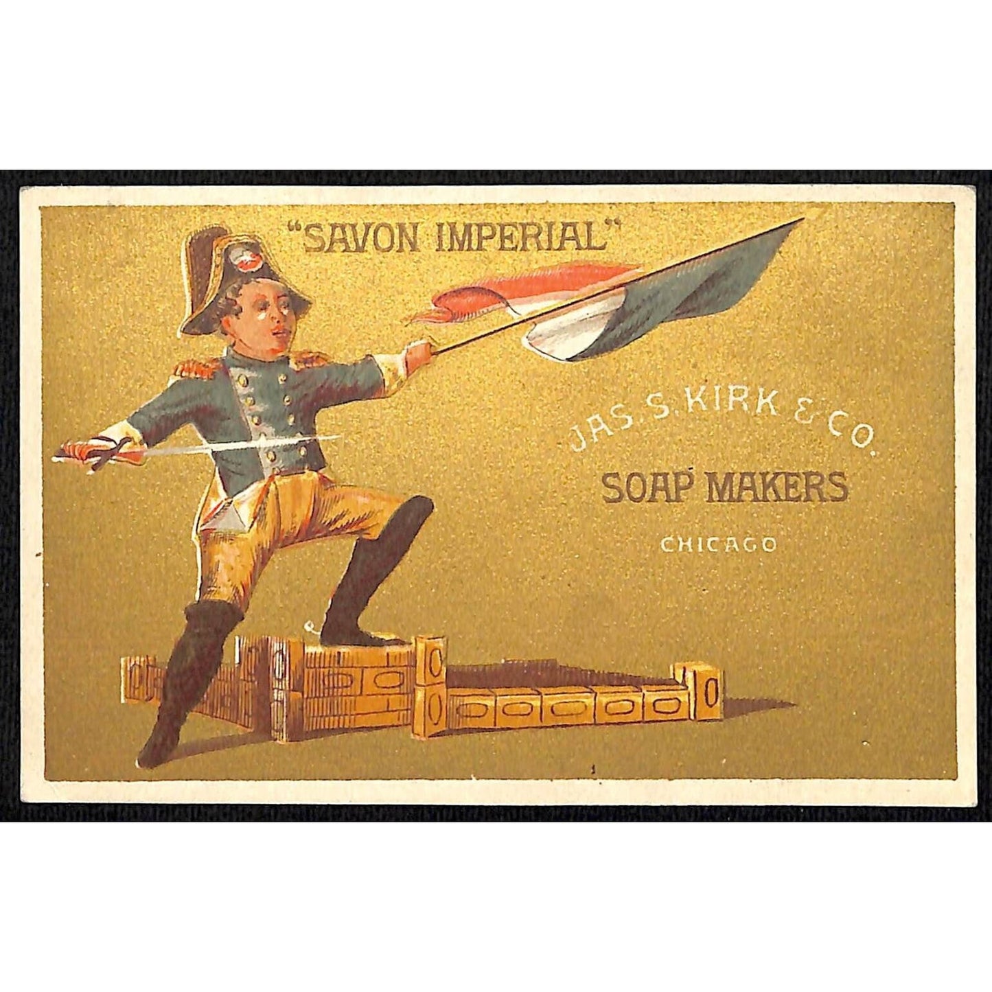 Jas. S. Kirk & Co Soap Makers Chicago Victorian Trade Card Boy Soldier w/ Sword