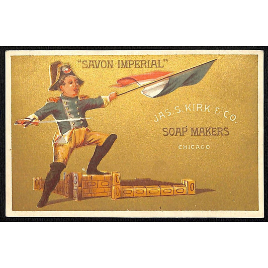 Jas. S. Kirk & Co Soap Makers Chicago Victorian Trade Card Boy Soldier w/ Sword