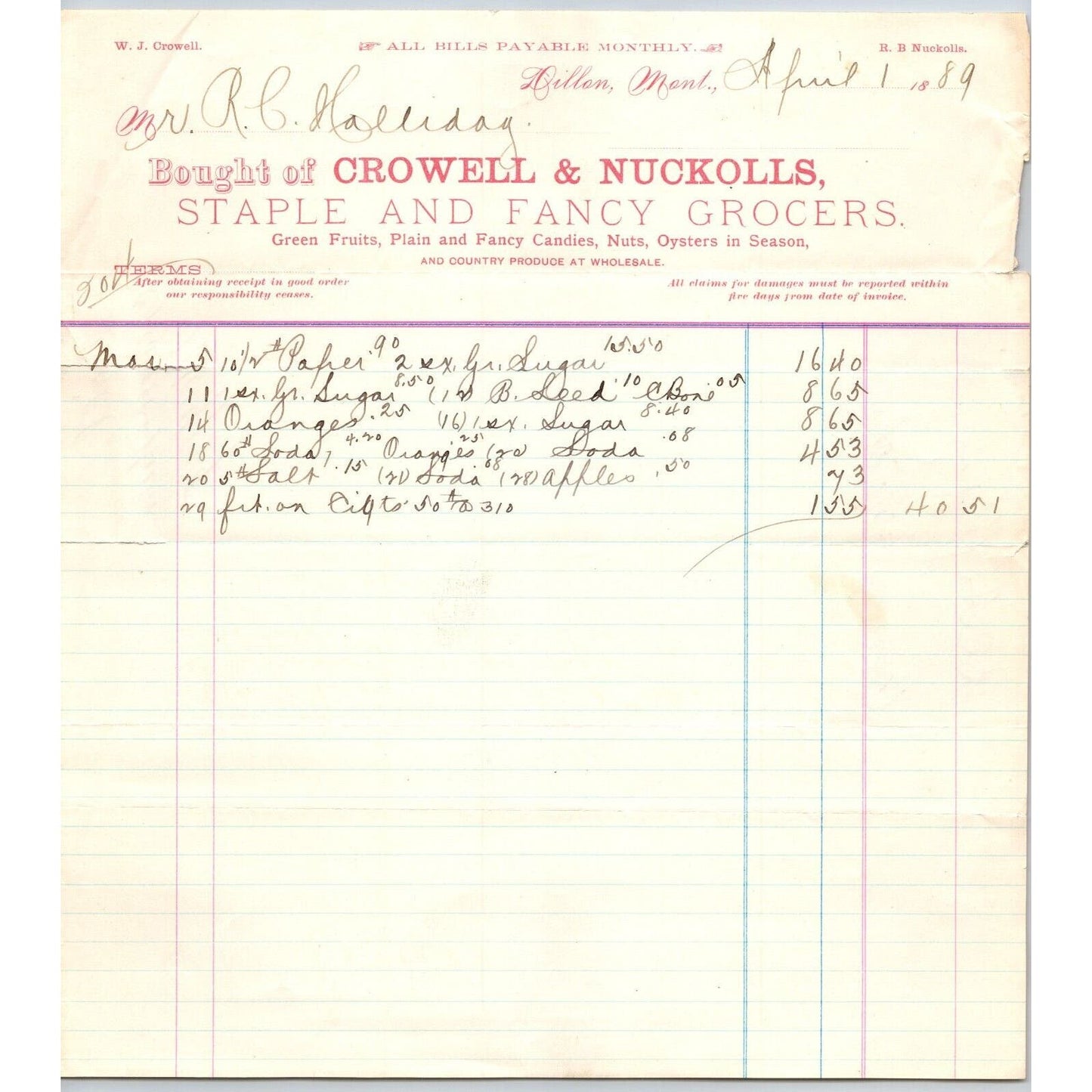 Dillon MT Crowell & Nuckolls Fancy Grocers April 1889 Billhead R.C. Halliday*