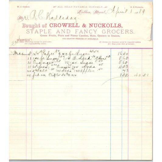 Dillon MT Crowell & Nuckolls Fancy Grocers April 1889 Billhead R.C. Halliday*