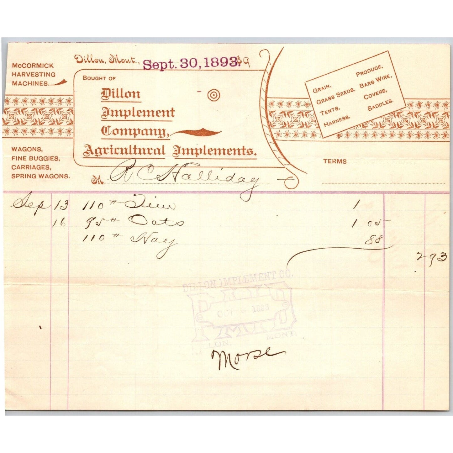 Dillon, MT Dillon Implement Co. Agricultural 1893 Billhead R.C. Halliday*