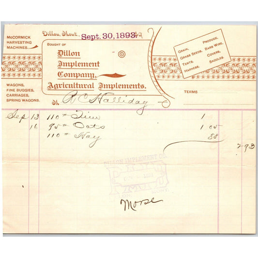 Dillon, MT Dillon Implement Co. Agricultural 1893 Billhead R.C. Halliday*