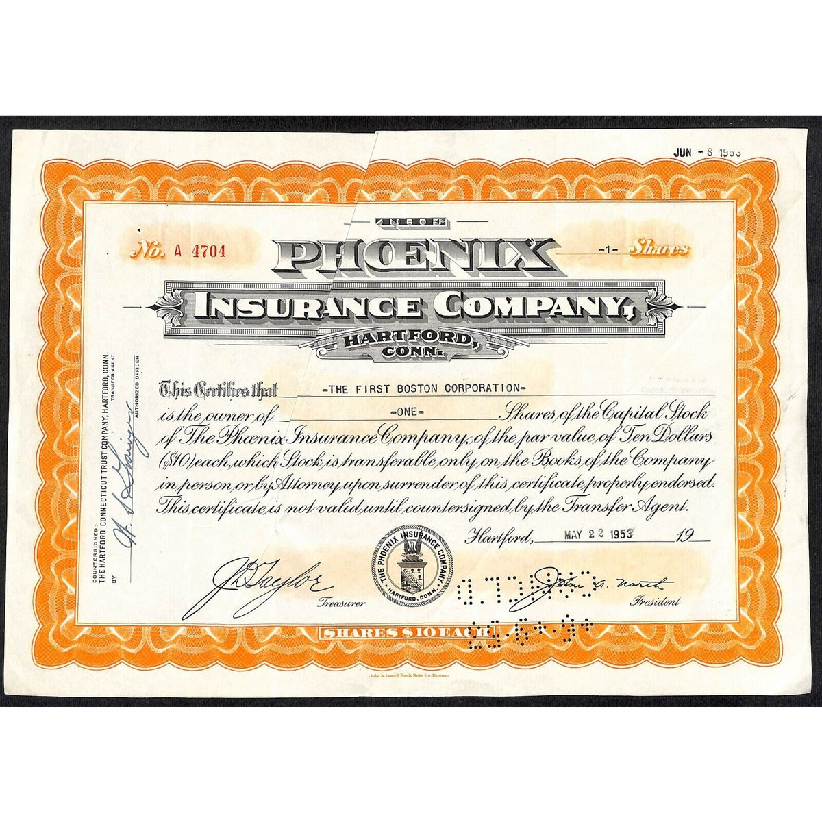 Phoenix Insurance Co. Hartford, CT 1953 Stock Certificate to First Boston Corp.