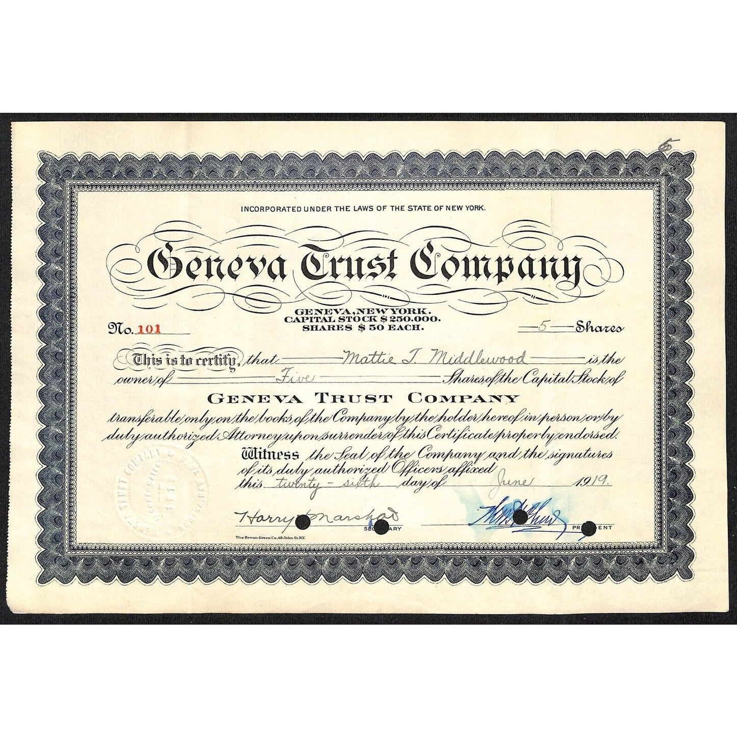Geneva Trust Company NY 1919 Stock Certificate to Mattie T. Middlewood #101