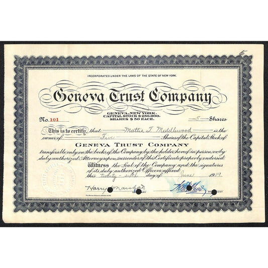 Geneva Trust Company NY 1919 Stock Certificate to Mattie T. Middlewood #101