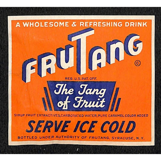 FruTang "The Tang of Fruit" Soda Beverage Label Syracuse, NY c1940's-50's Scarce