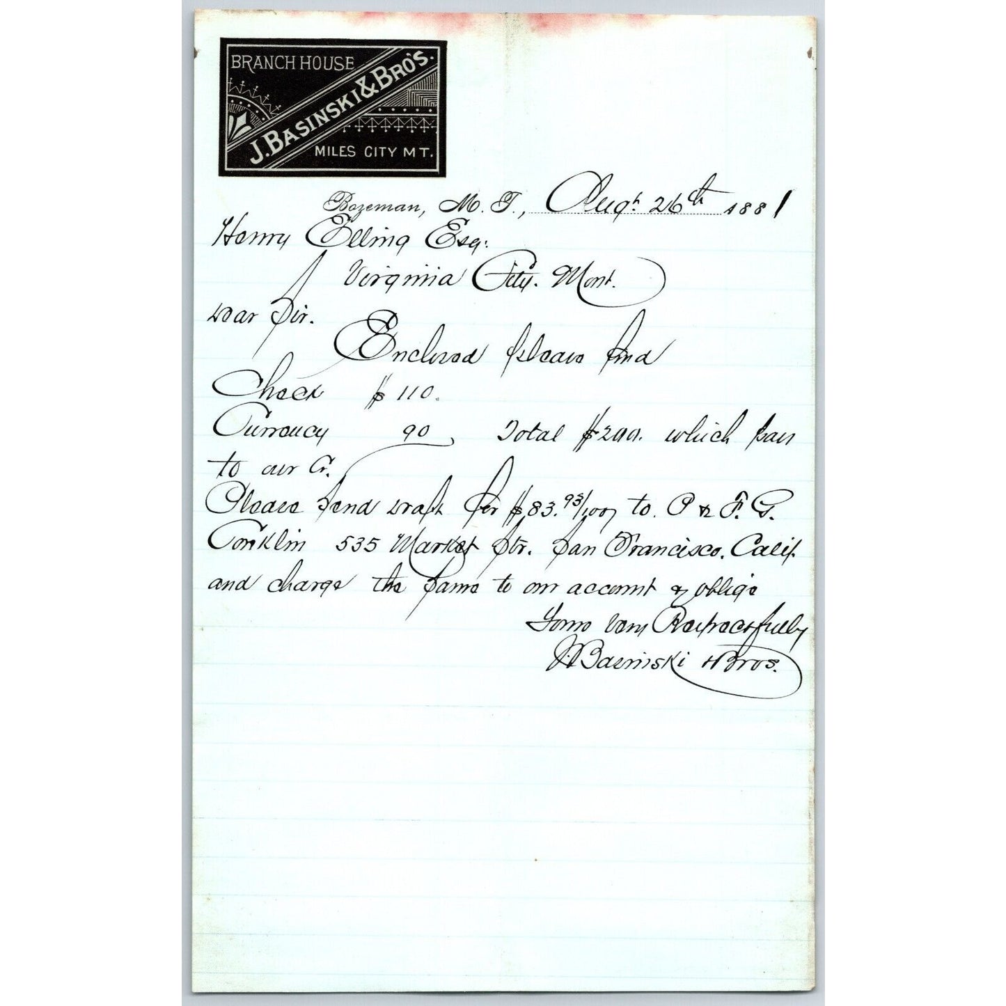 J. Basinski & Bros. Bozeman, MT (Dry Goods) 8/26 1881 Letterhead Henry Elling*
